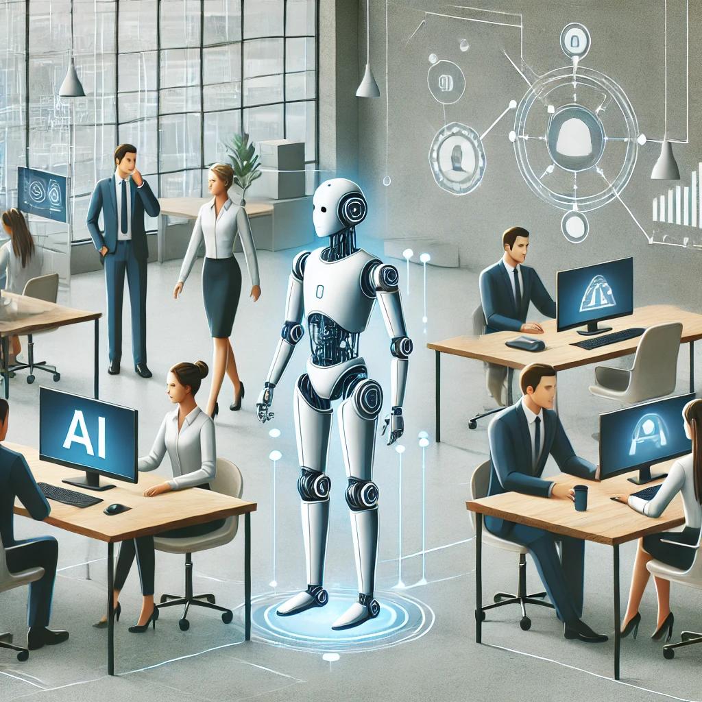 An AI-powered robot working alongside humans in an office setting.