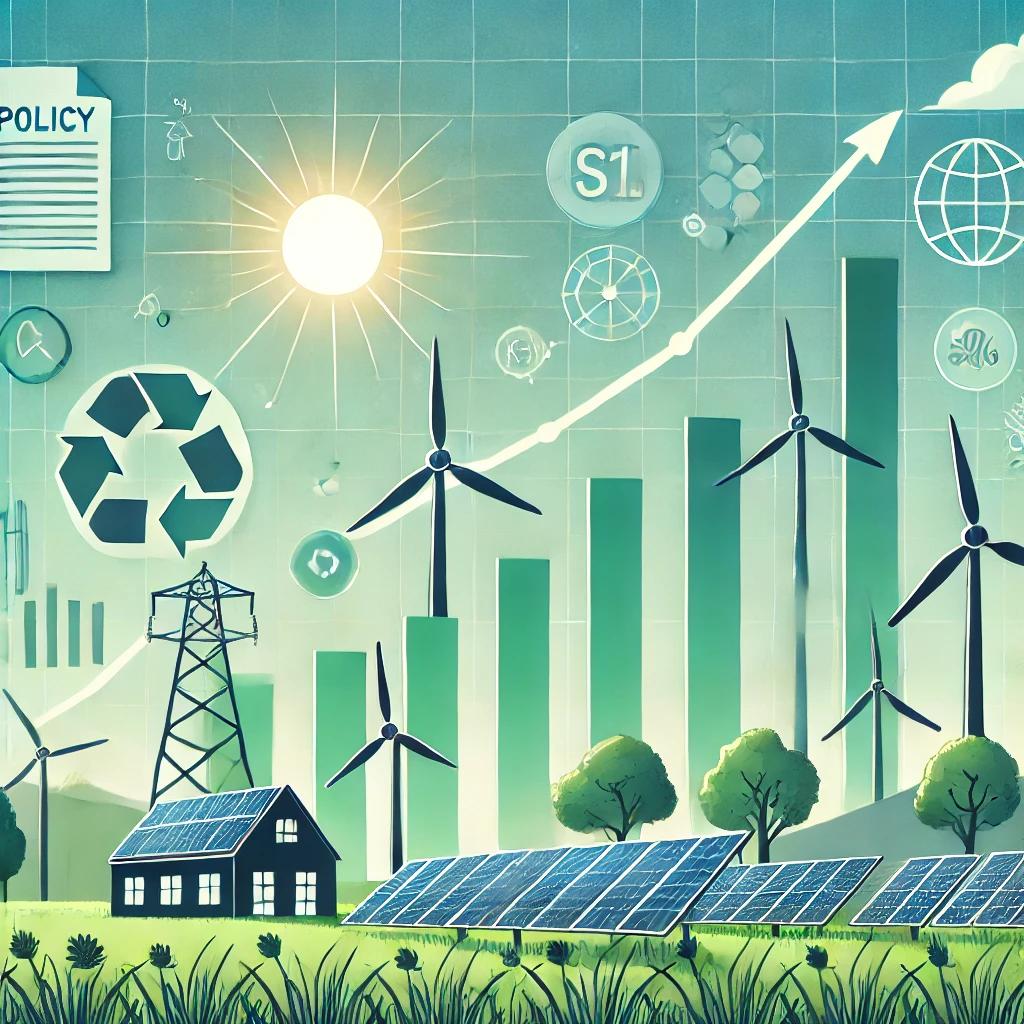 Image of solar panels and wind turbines representing green energy