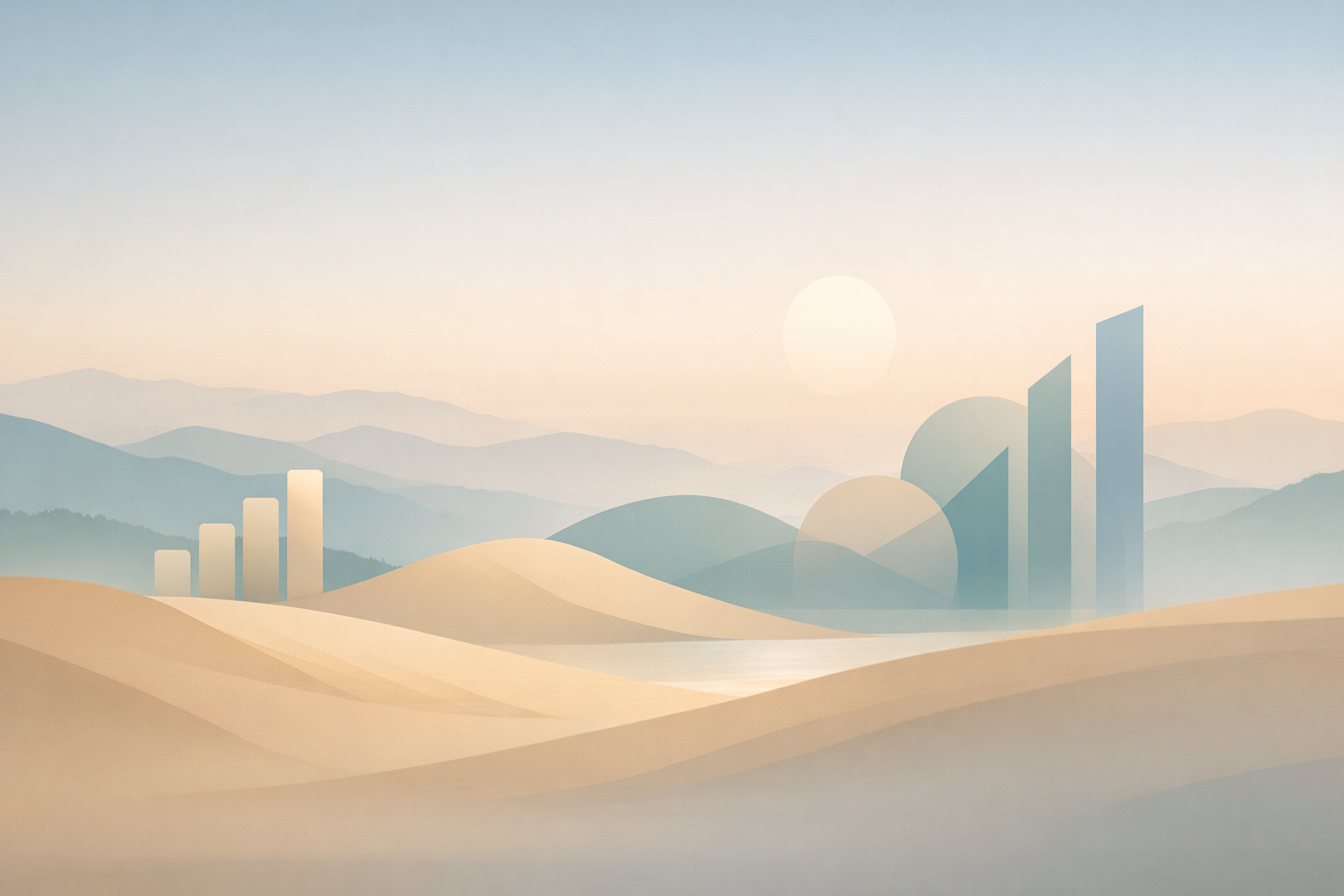A calm landscape with layered horizons representing long-term investing.