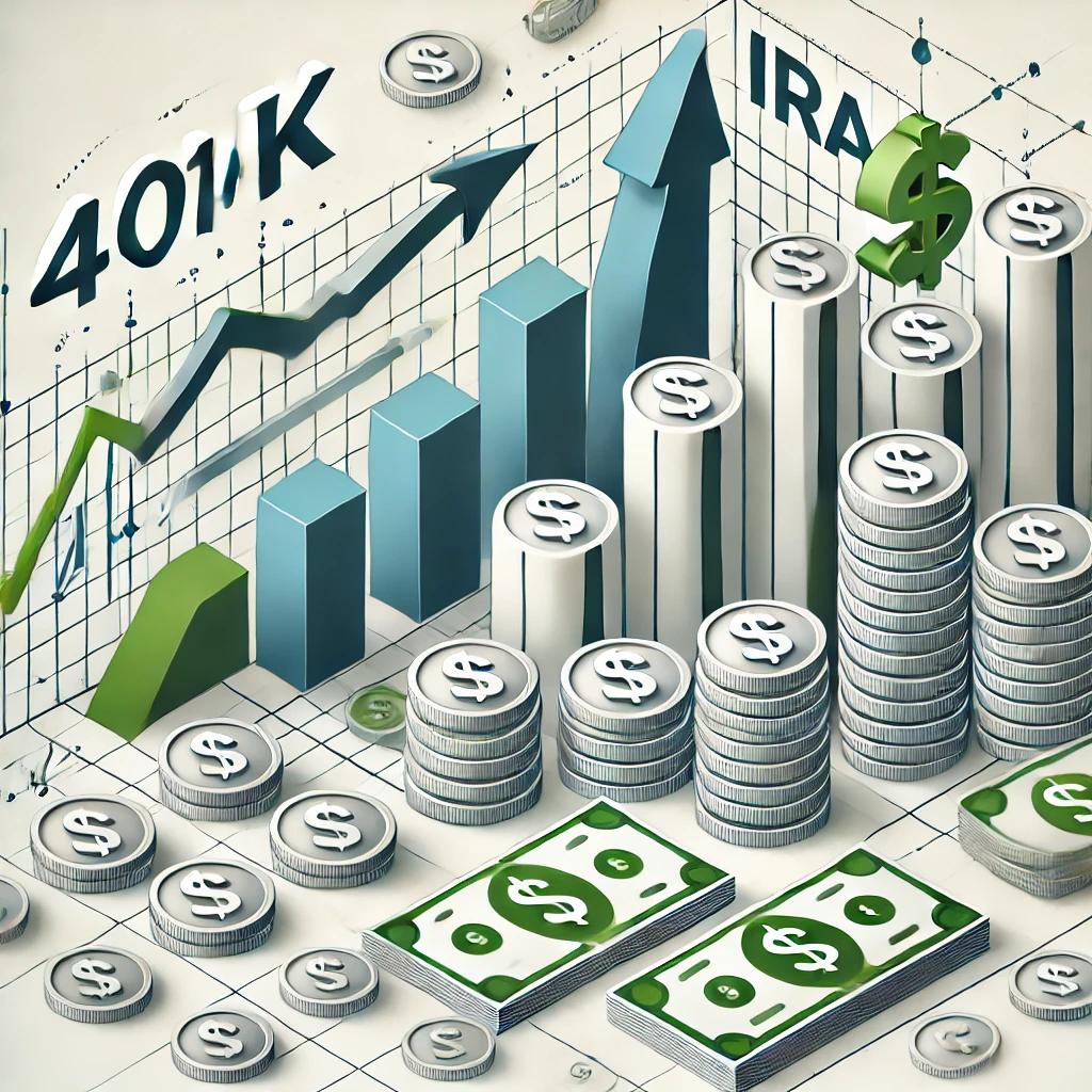Tax-saving accounts: a 401(k), Roth IRA, and dollar symbols on a financial chart.