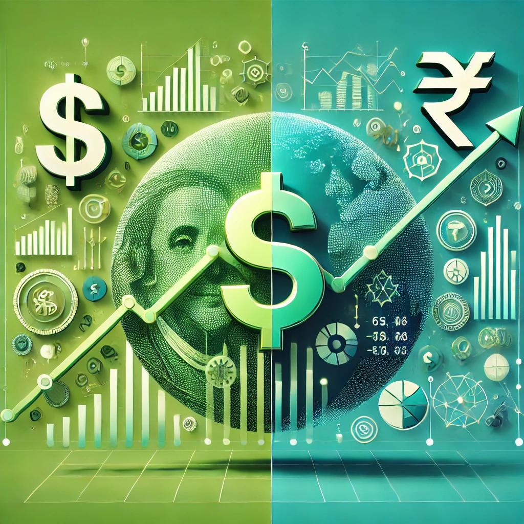 A chart showing US stock market growth alongside the Indian rupee symbol.